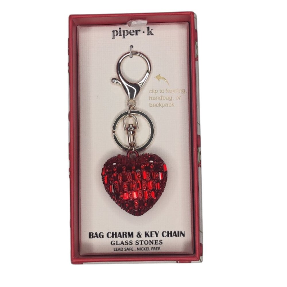 Piper K Red Gold Glass Stone Puffy Heart Bag Charm Keychain